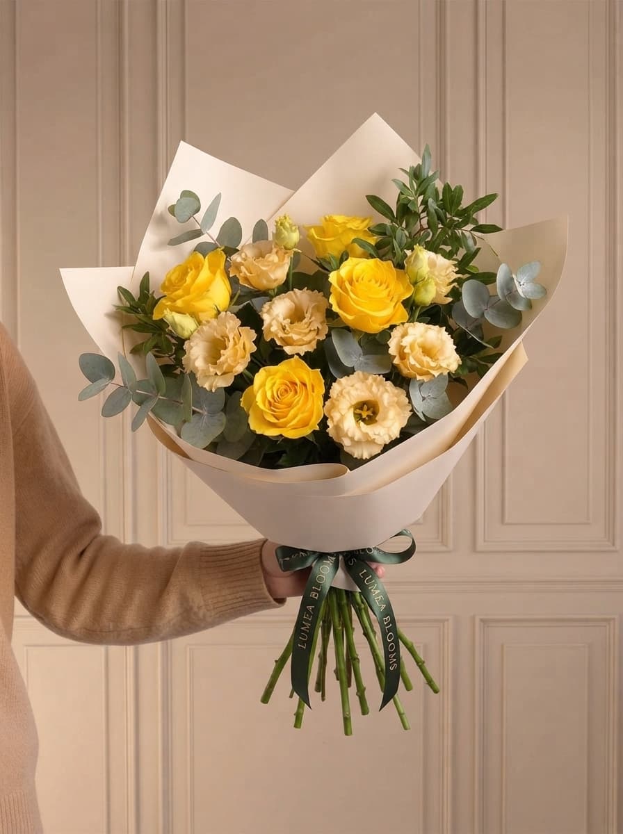 Rosas amarillas y lisianthus, romántico