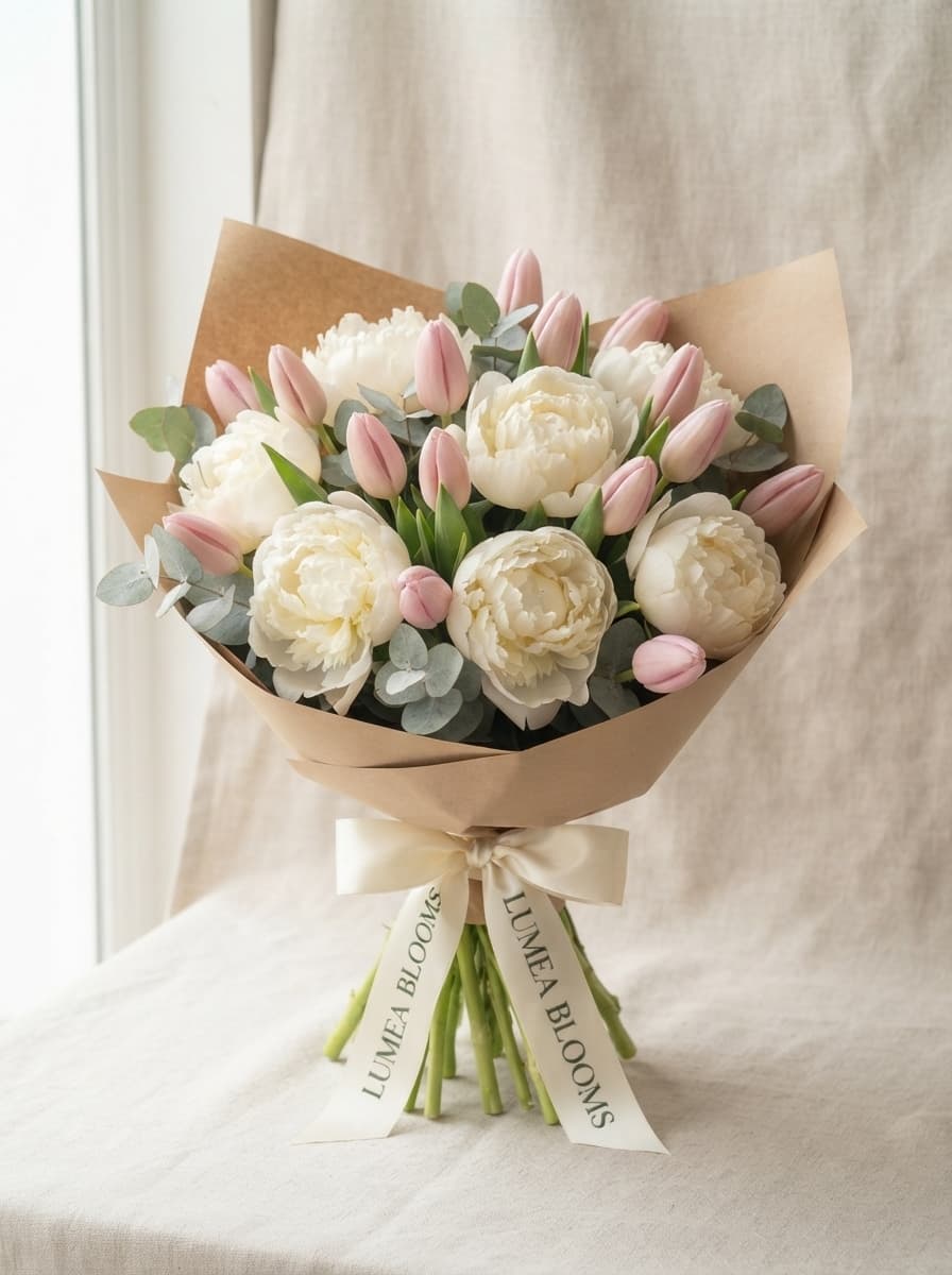 Ramo de peonías blancas y tulipanes rosas