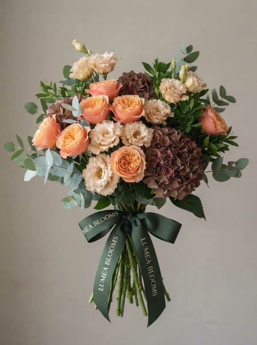 Rosas melocotón y hortensia burdeos