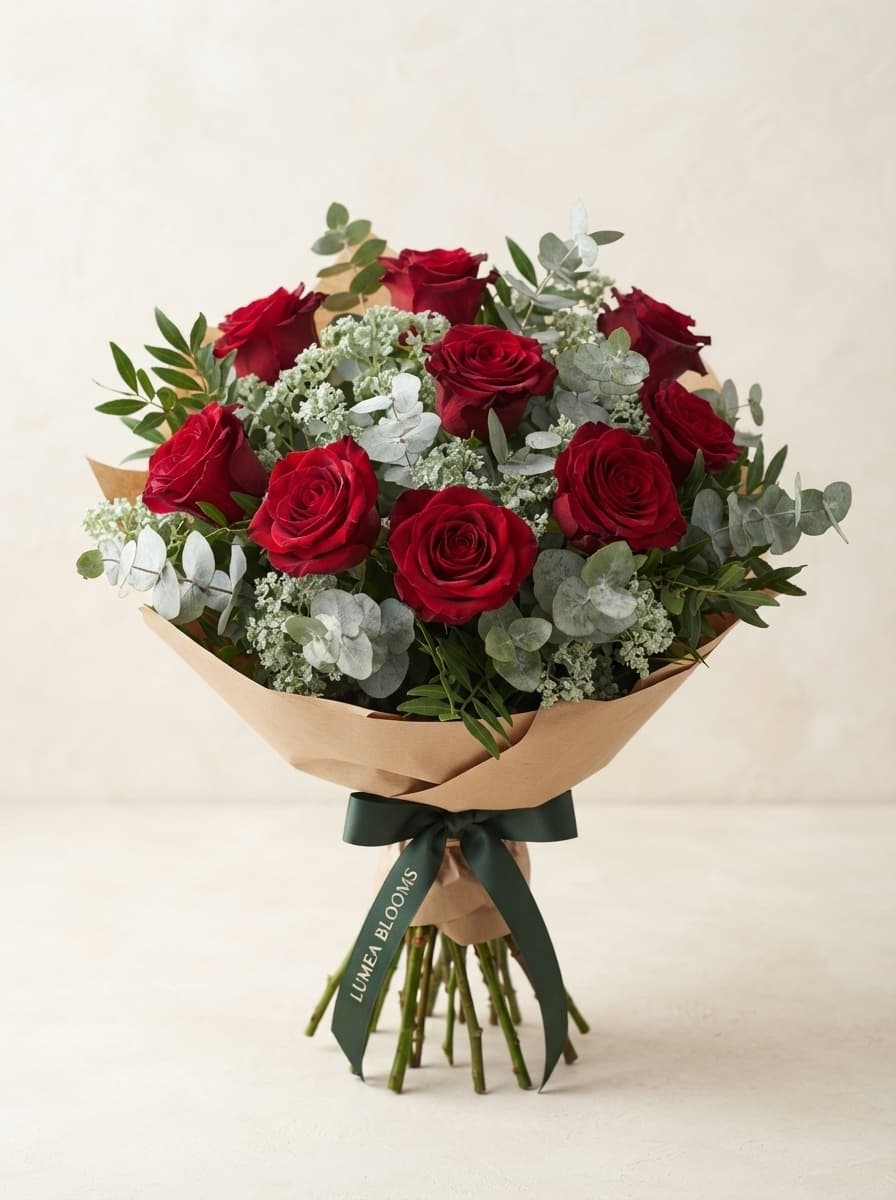 Rosas rojas y eucalipto