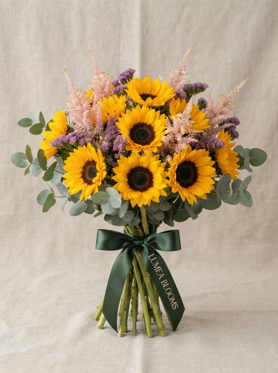 Ramo de girasoles con astilbe rosa y limonium