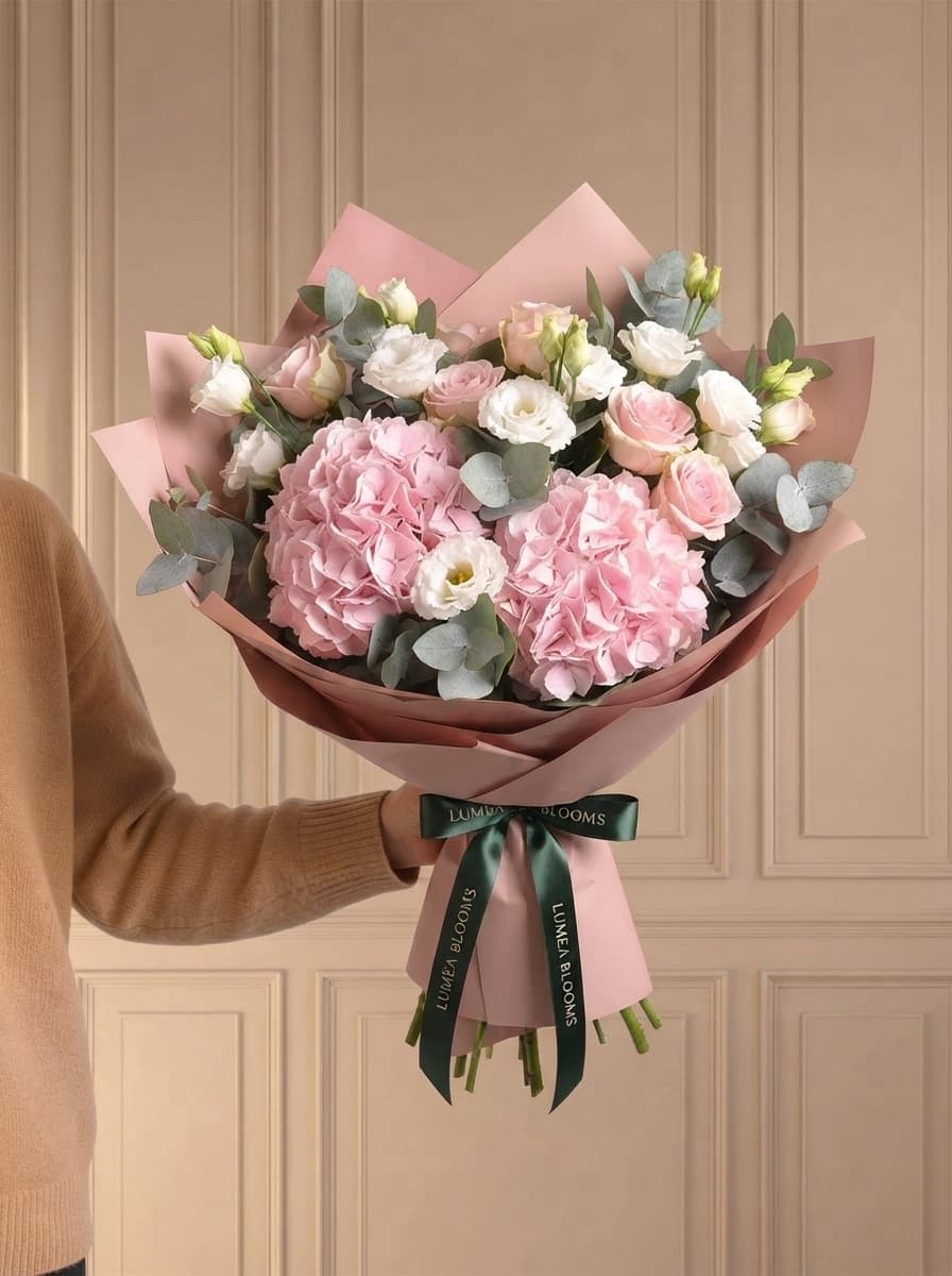 Rosas rosas y hortensias