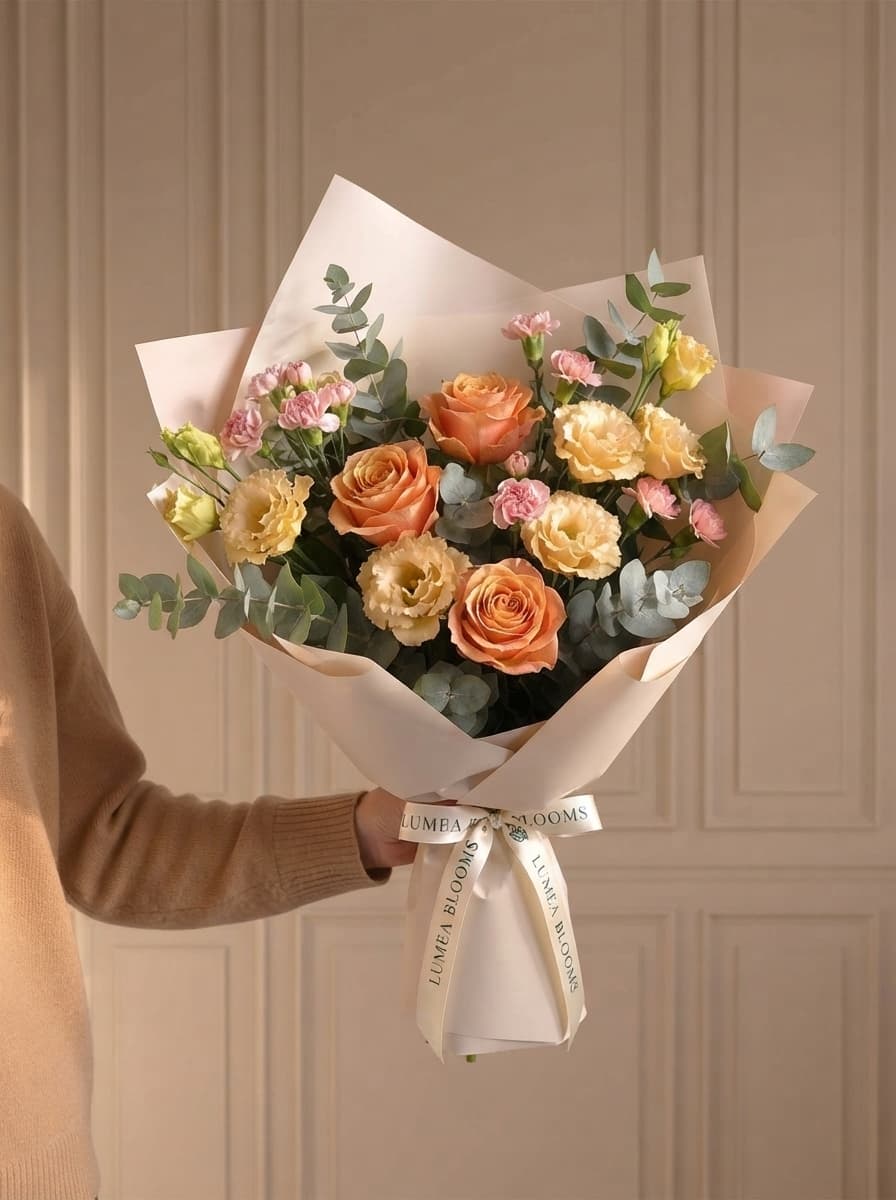 Rosas melocotón y lisianthus romántico