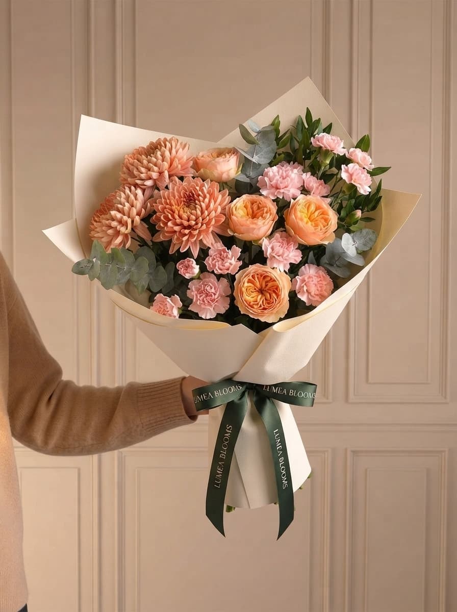 Crisantemos y Rosas Melocotón