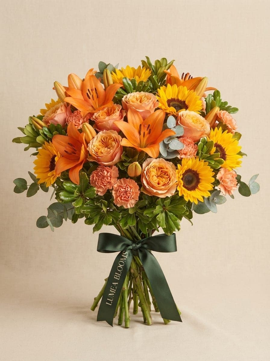 Lirios naranjas y rosas melocotón otoñales