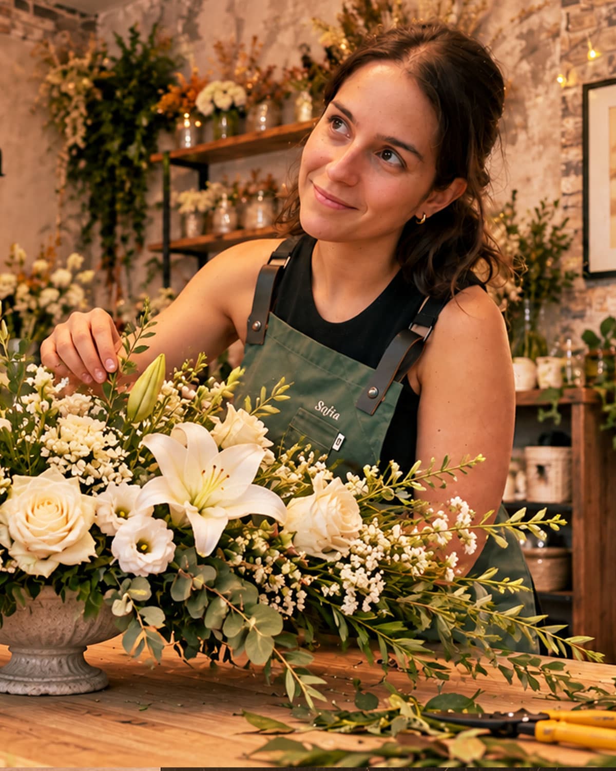 Florista preparando un centro floral elegante para Todos los Santos