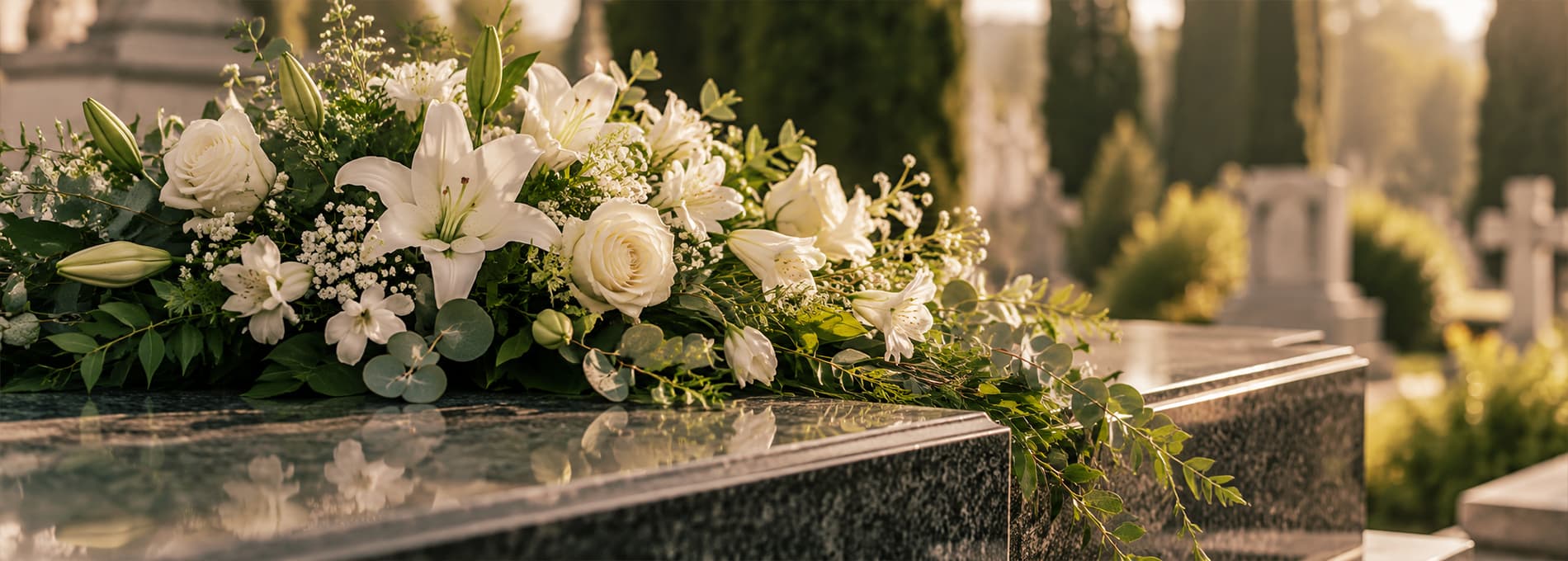 tipo composición de flores blancas y verdes sobre una lápida elegante, fotografía editorial premium, luz natural, estética sobria y delicada