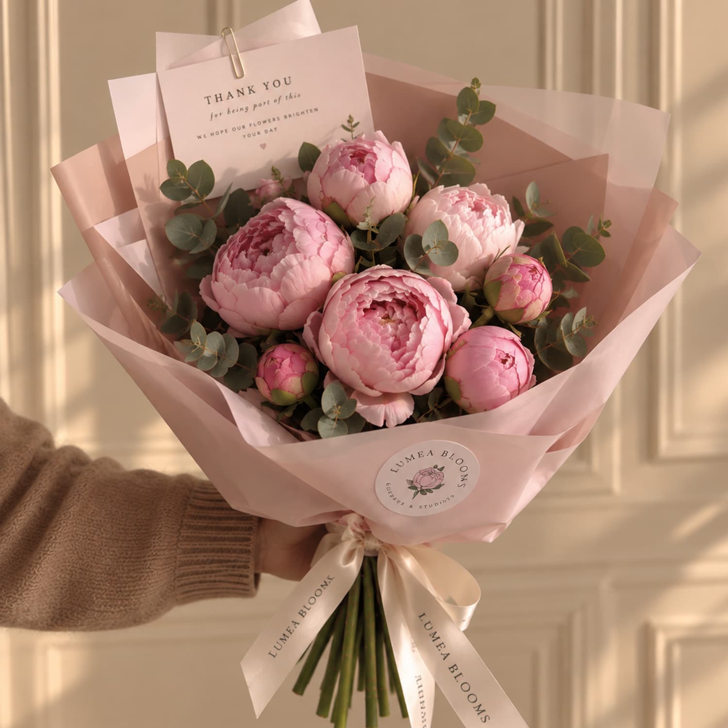 Primer plano de peonías en tonos rosa pastel con pétalos abiertos y follaje verde natural.