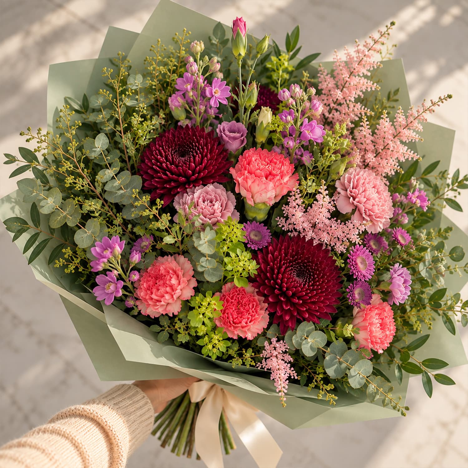 Ramo de flores estilo silvestre con claveles rosa pastel, crisantemos burdeos, astilbe plumoso y follaje de eucalipto, envuelto en papel verde agua con cinta de Lumea Blooms.