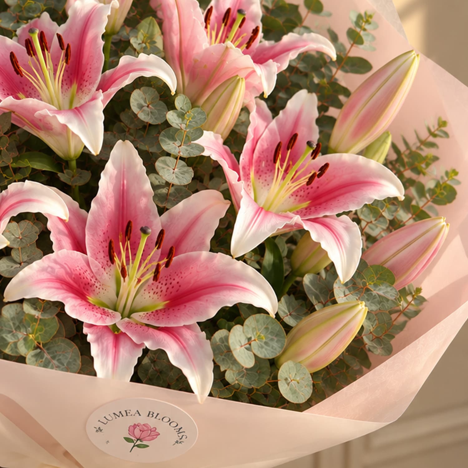 Detalle de los pétalos de lirio rosa de gran apertura y sus delicados estambres