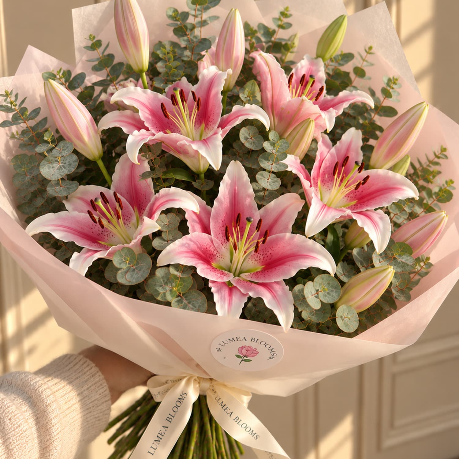 Detalle de los pétalos de lirio rosa de gran apertura y sus delicados estambres