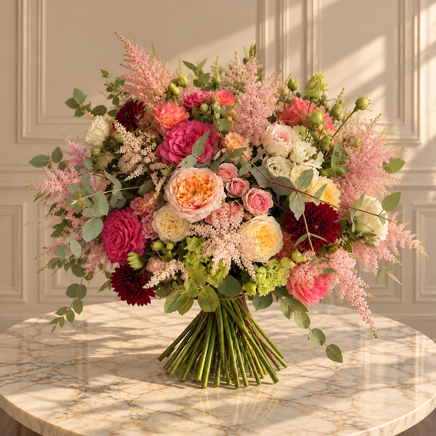 Ramo Elysium con rosas de jardín, dalias borgoña y astilbe presentado en el envoltorio de lujo Lumea Blooms en Madrid