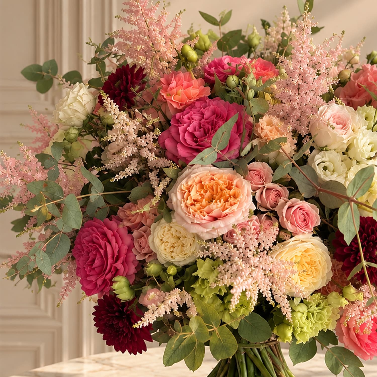 Plano en detalle de las texturas silvestres del astilbe rosa, lisianthus y dalias en el Ramo Elysium
