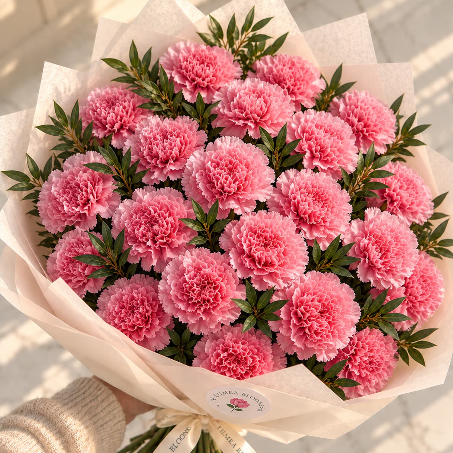 Detalle de los pétalos rizados y tallos de un ramo de claveles rosas seleccionados a mano