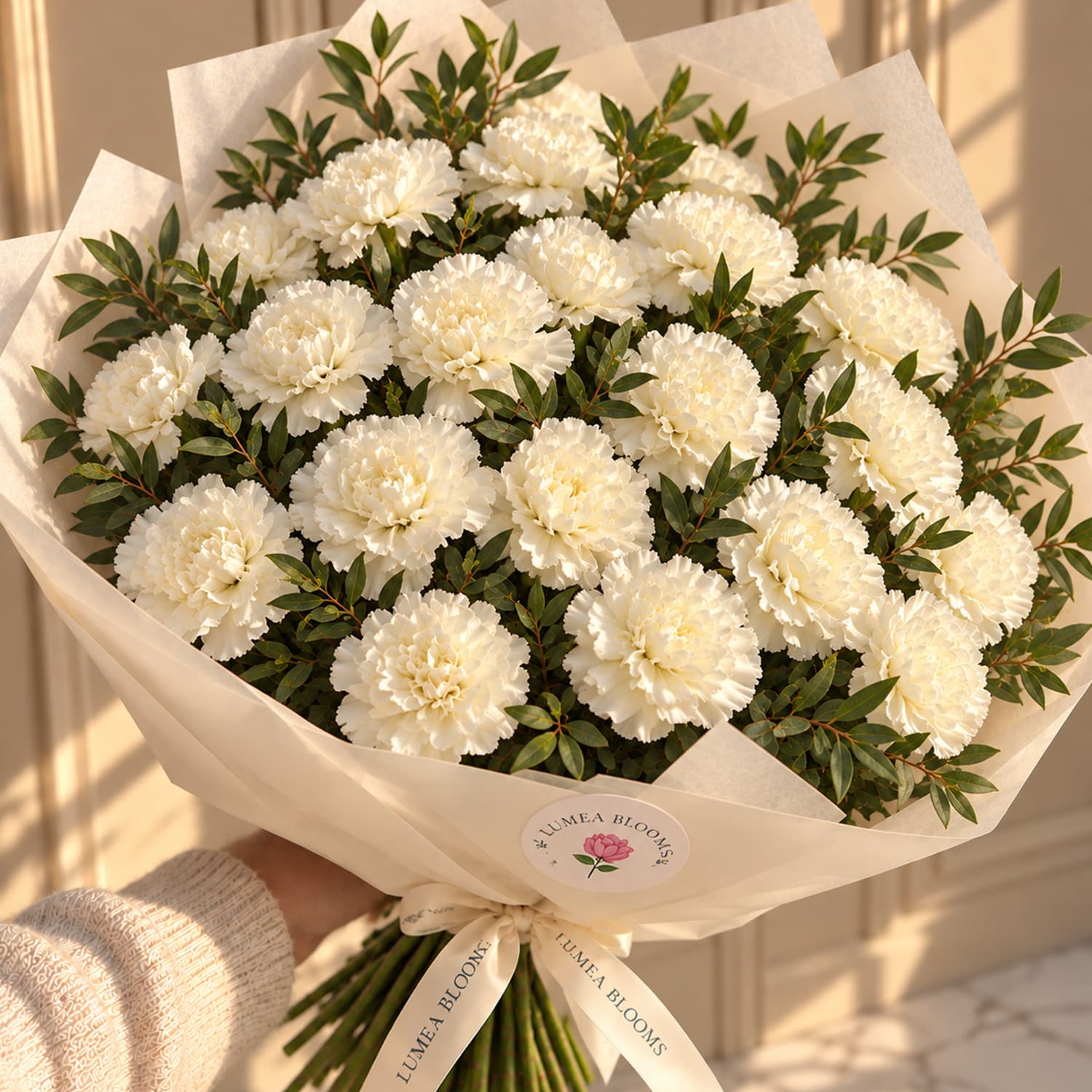 Ramo de claveles frescos artesanales presentado en envoltorio de regalo Lumea Blooms en Madrid